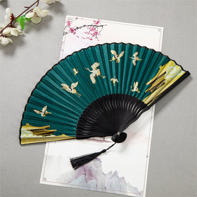 Buddha Stones Flying White Crane Sun Cloud Handheld Silk Bamboo Folding Fan 22cm 7