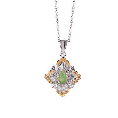 Buddha Stones 925 Sterling Silver Plated Gold Hetian Cyan Jade Rhombus Design Luck Healing Necklace Pendant Necklaces & Pendants BS 5
