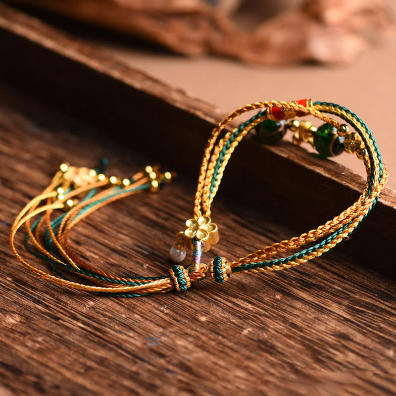 Buddha Stones Tibetan Handmade Rope Liuli Glass Bead Braided Multilayered Healing Bracelet Bracelet BS 2
