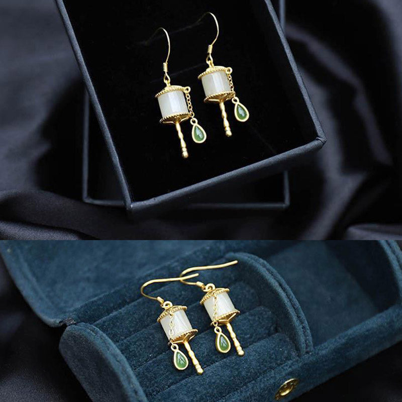Buddha Stones 925 Sterling Silver Jade Prayer Wheel Luck Drop Earrings Earrings BS 11