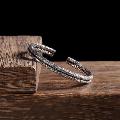 Buddha Stones Flower Dragon Pattern Engraved Balance Cuff Bracelet Bangle Bracelet Bangle BS Flower Dragon Pattern