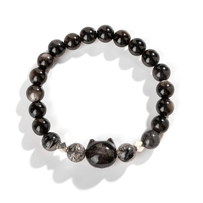 Buddha Stones Natural Silver Sheen Obsidian Cute Cat Head Protection Bracelet Bracelet BS 5