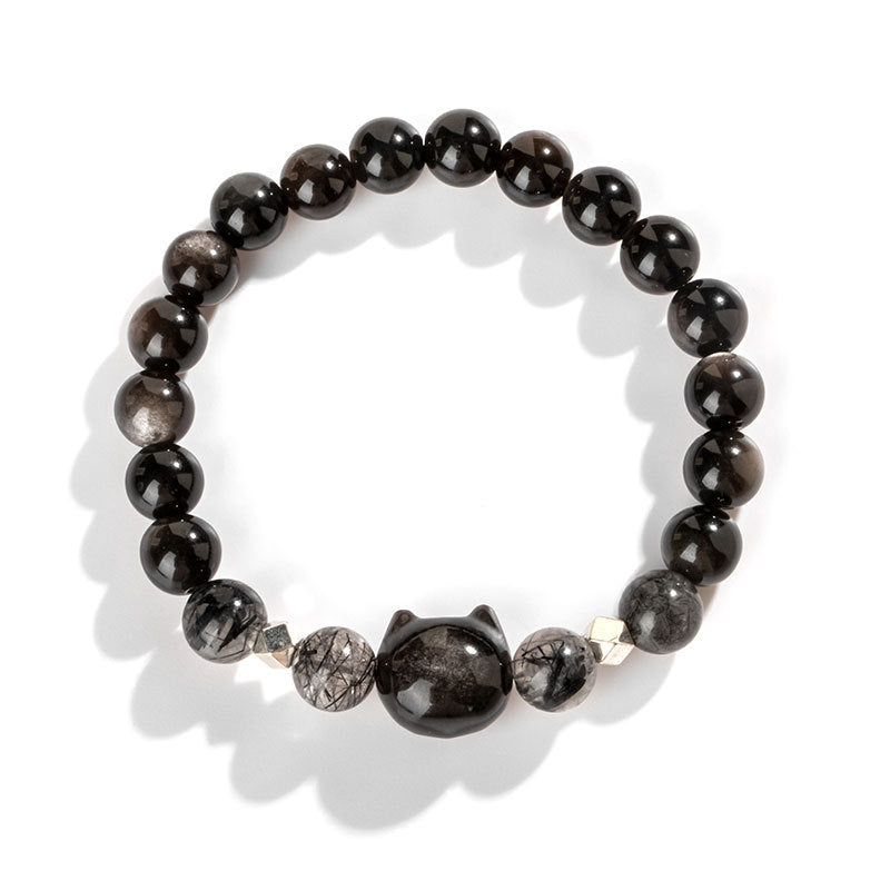 Buddha Stones Natural Silver Sheen Obsidian Cute Cat Head Protection Bracelet Bracelet BS 5