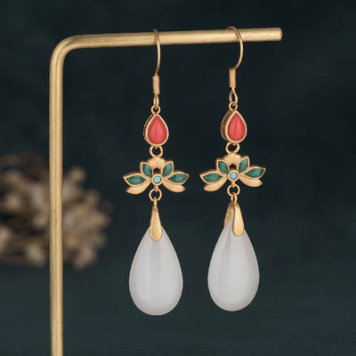 Buddha Stones FengShui White Jade Luck Drop Earrings Earrings BS 1