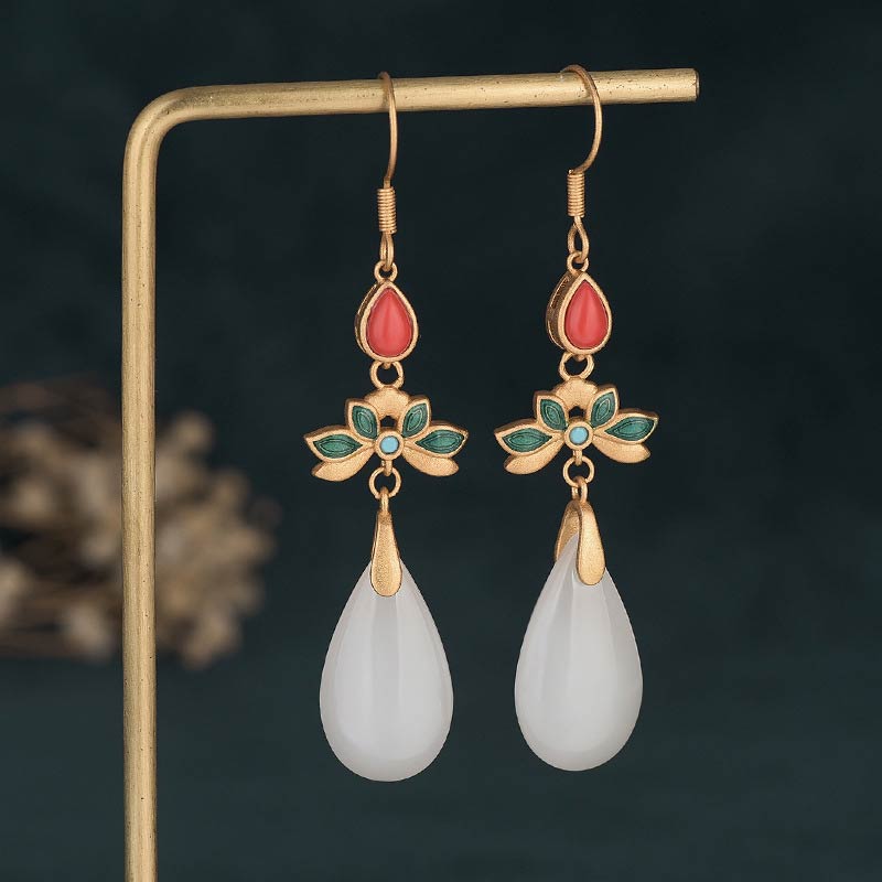 Buddha Stones FengShui White Jade Luck Drop Earrings Earrings BS 1