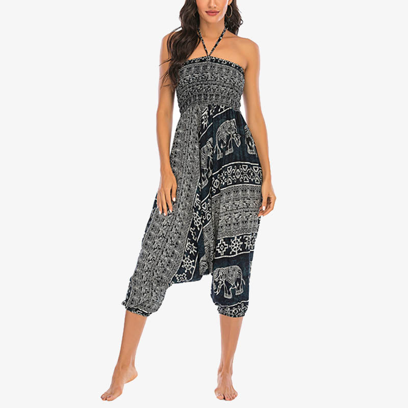 Buddha Stones Two Style Wear Elephant Pattern Loose Smocked Harem Trousers Jumpsuit Women's Yoga Pants Harem Pants&Bodysuit BS 27