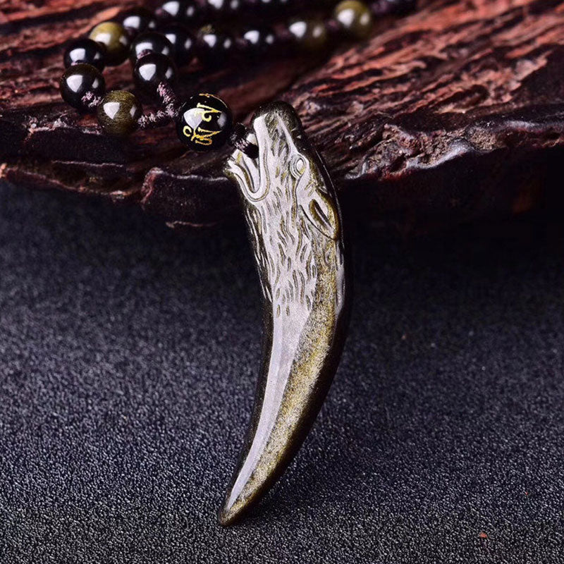 Buddha Stones Natural Black Obsidian Ice Obsidian Rainbow Obsidian Wolf Tooth Pattern Strength Necklace Pendant Necklaces & Pendants BS 22