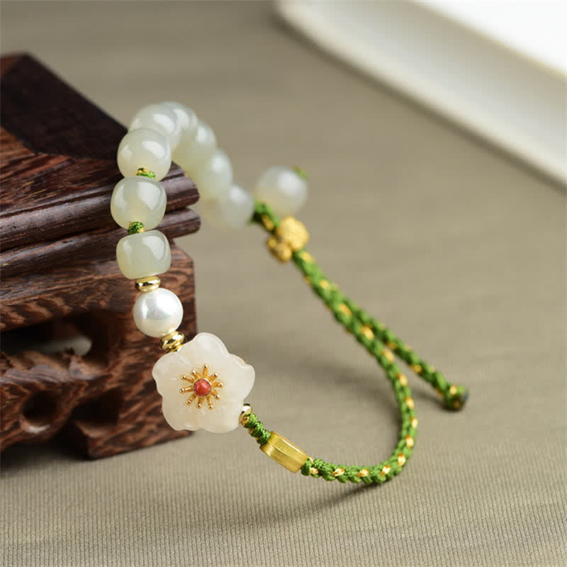 Buddha Stones 925 Sterling Silver Natural Hetian Jade Peach Blossom Luck Bracelet - image 1