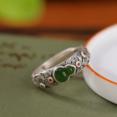 Buddha Stones 925 Sterling Silver Red Agate Cyan Jade Gourd Blessing Auspicious Ring Ring BS 6