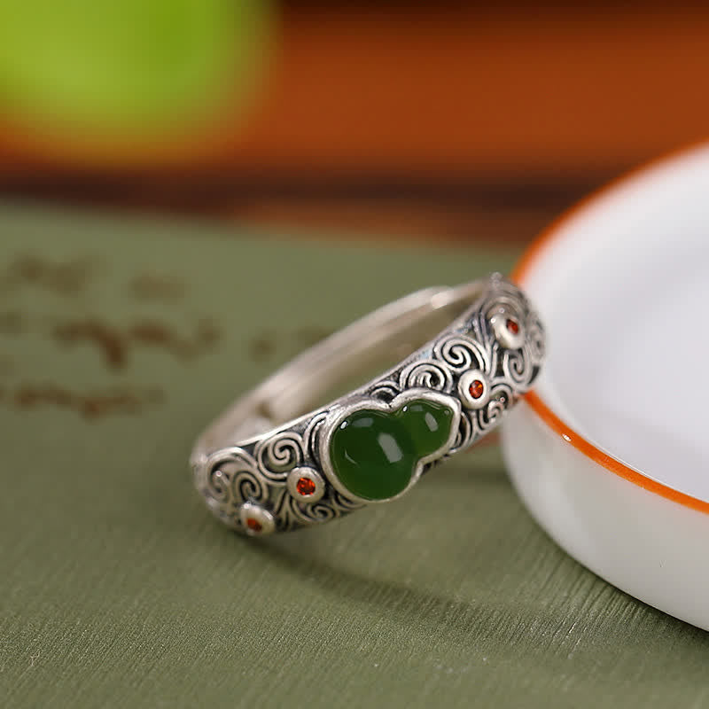 Buddha Stones 925 Sterling Silver Red Agate Cyan Jade Gourd Blessing Auspicious Ring Ring BS 6