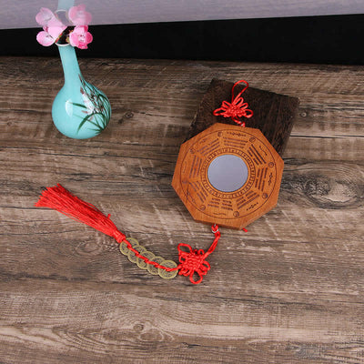 Buddha Stones Feng Shui Bagua Map Peach Wood Five-Emperor Coins Chinese Knotting Balance Energy Map Mirror Bagua Map BS 20*2cm Concave Mirror Bagua Map&Five Emperor Coins