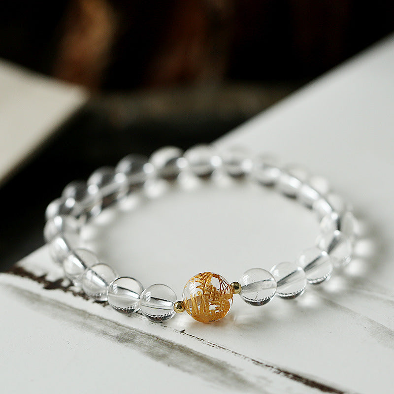 Buddha Stones Natural Black Obsidian White Crystal Black Onyx Dragon Strength Bracelet Bracelet BS White Crystal(Wrist Circumference 14-16cm)