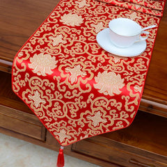 Buddha Stones Prayer Altar Flower Vajra Dragon Pattern Tibetan Auspicious Symbols Tassels Jacquard Table Runner Prayer Altar BS Red Flower 200*33cm
