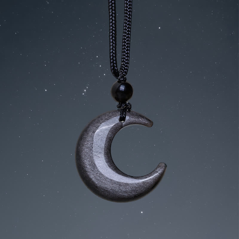 Buddha Stones Natural Silver Sheen Obsidian Selenite Crystal Crescent Moon Yin Yang Couple Protection Necklace Pendant Necklaces & Pendants BS Silver Sheen Obsidian