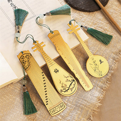 Buddha Stones Classical Musical Instruments Pipa Guzheng Guqin Ruan Metal Bookmarks Tassel With Gift Box Bookmarks BS 1