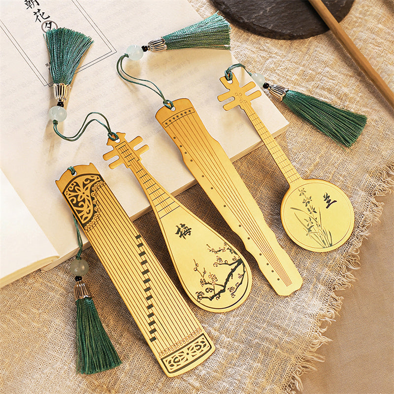 Buddha Stones Classical Musical Instruments Pipa Guzheng Guqin Ruan Metal Bookmarks Tassel With Gift Box Bookmarks BS 1