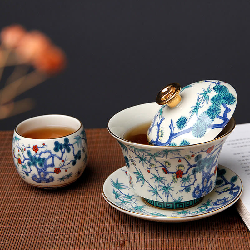 Buddha Stones Retro Plum Blossom Pine Bamboo Phoenix Kirin Ceramic Gaiwan Sancai Teacup Kung Fu Tea Cup and Saucer with Lid Cup BS 3