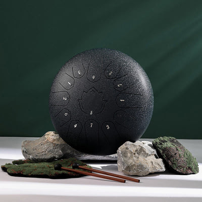 Buddha Stones Steel Tongue Drum Sound Healing Mindfulness Lotus Pattern Yoga Drum Kit 13 Note 12 Inch Percussion Instrument Tongue Drum BS Navy Blue