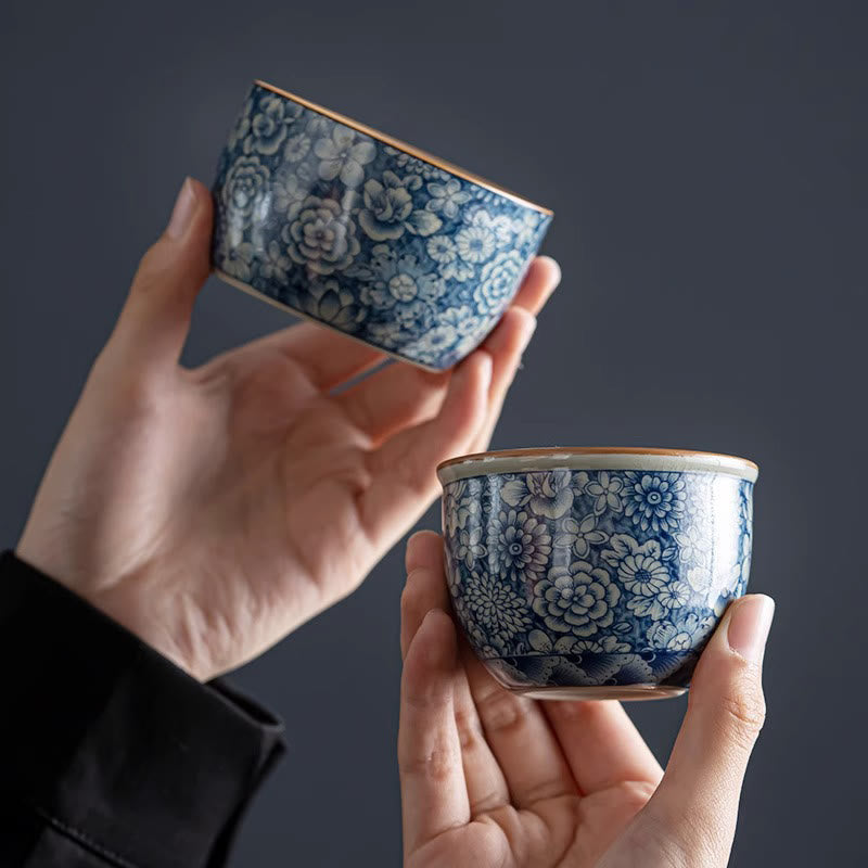 Buddha Stones Blue Lotus Peach Blossom Chrysanthemum Design Ceramic Teacup Kung Fu Tea Cups Cup BS 14