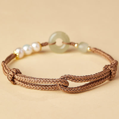 Buddha Stones Natural Hetian Jade Pearl Peace Buckle Luck Bracelet - image 5