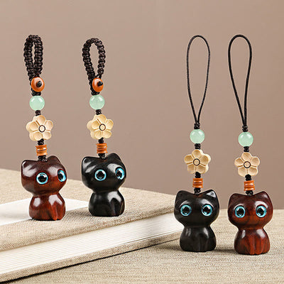 Foviel Mini Small Leaf Red Sandalwood Ebony Wood Lucky Cat Lovely Kitty Peace Key Chain Phone Hanging Decoration