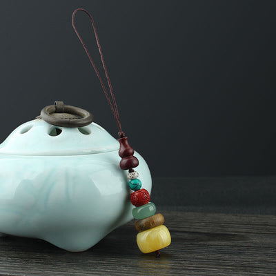 Buddha Stones Green Sandalwood Ebony Wood Gourd Seven Layer Pagoda Positive Phone Hanging Decoration Phone Hanging Decoration BS Green Sandalwood