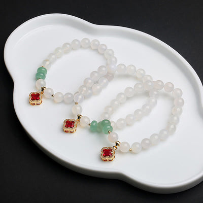 Buddha Stones Natural White Agate Red Agate Money Bag Fu Character Four Leaf Clover Protection Bracelet Bracelet BS 10