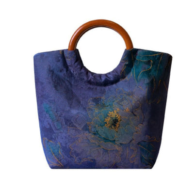 Buddha Stones Peony Flower Bamboo Leaves Bird Solid Wood Handle Handbag Handbags BS 11