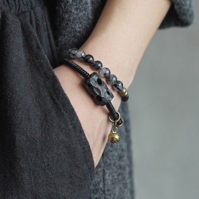 Buddha Stones Black Rutilated Quartz Ebony Wood Copper Wisdom Couple Bracelet Bracelet BS 1