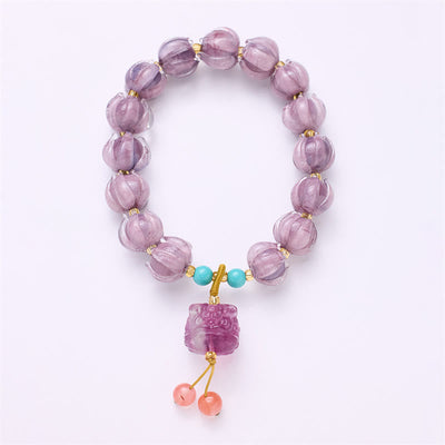 Buddha Stones Liuli Glass Bead Lotus Design Fluorite Ivory Fruit Dancing Lion Charm Enlightenment Bracelet Bracelet BS 4