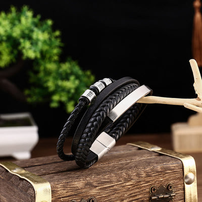 Buddha Stones Leather Multi-Layer Titanium Steel Balance Braided Magnetic Buckle Bracelet Bracelet BS 8