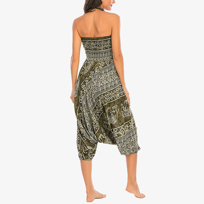 Buddha Stones Two Style Wear Elephant Pattern Loose Smocked Harem Trousers Jumpsuit Women's Yoga Pants Harem Pants&Bodysuit BS 19