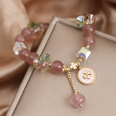 Buddha Stones Strawberry Quartz Lucky Four Leaf Clover Healing Charm Bracelet Bracelet BS 4
