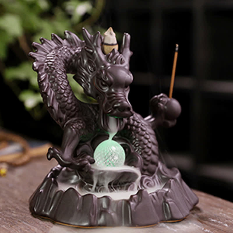 Buddha Stones Auspicious Dragon Ceramic Backflow Smoke Fountain Meditation Healing Incense Burner Led Ball Decoration Incense Burner BS 2