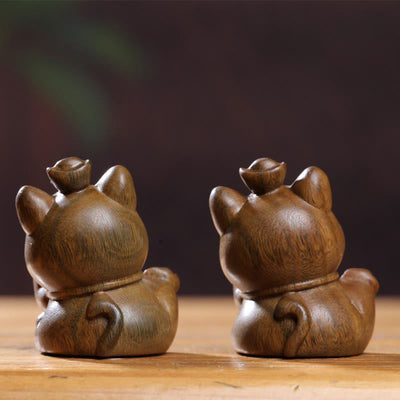 Buddha Stones Mini Green Sandalwood Ingot Lucky Cat Carved Peace Desk Decorations Decorations BS 16