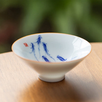 Buddha Stones Mandala Flower Koi Fish Lotus Bird Persimmons Teacup Kung Fu Tea Cup 50ml Cup BS Fish 8.3cm*3.3cm*50ml