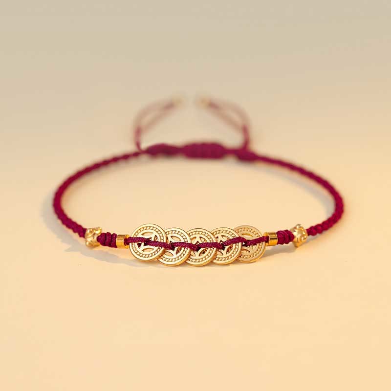 Buddha Stones Copper Coin Fortune Tree Luck Strength Braided Bracelet Bracelet BS Copper Coin Red(Wrist Circumference 14-18cm)