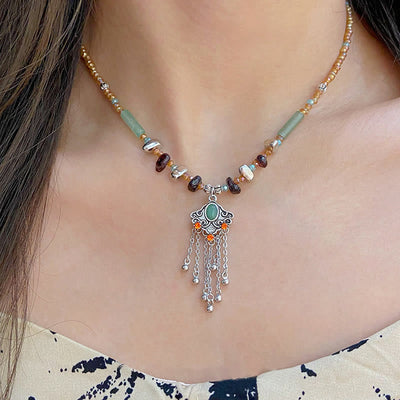 Buddha Stones Tibetan Crystal Stone Copper Luck Tassel Necklace Pendant Necklaces & Pendants BS Crystal Stone Necklace