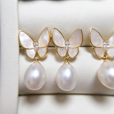 Buddha Stones 925 Sterling Silver Posts 18K Gold Plated Copper Pearl Butterfly Optimism Stud Earrings 6
