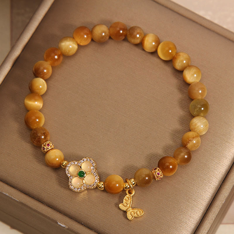 Buddha Stones Tiger Eye Four Leaf Clover Butterfly Protection Bracelet Bracelet BS 2