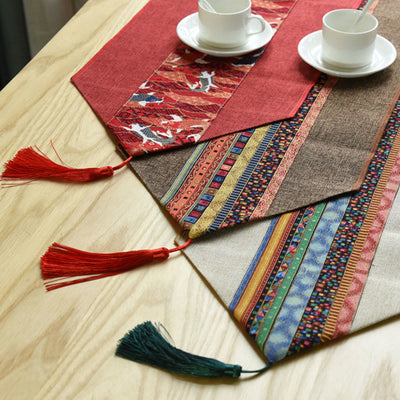 Buddha Stones Classic Chinese Style Lotus Koi Fish Flower Crane Calligraphy Enlightenment Cotton Linen Tassels Table Runner Table Runner BS 30