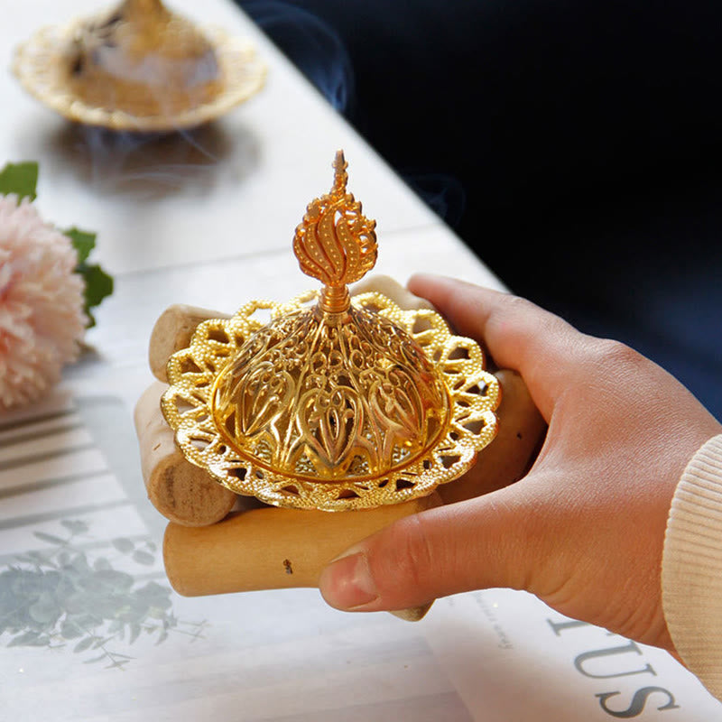 Buddha Stones Gold Alloy Healing Mini Incense Burner With Wooden Coaster Home Decor Incense Burner BS 3