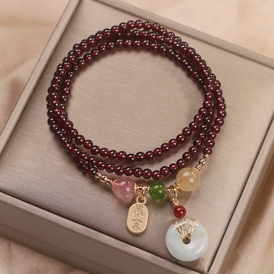 Buddha Stones Natural Garnet Strawberry Quartz Crystal Fox Koi Fish Peace Buckle Fortune Protection Triple Wrap Bracelet Bracelet BS 15