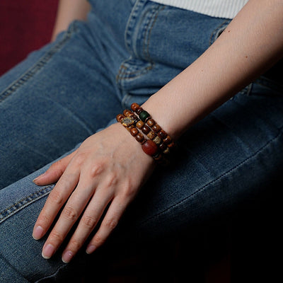 Buddha Stones Tibetan Bodhi Seed Amber Dzi Bead Agate Zakiram Goddess of Wealth Beads Triple Wrap Bracelet Bracelet BS 18