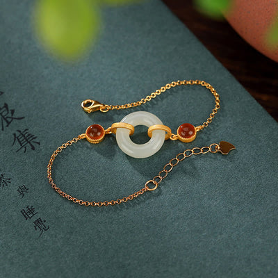 Buddha Stones 925 Sterling Silver Plated Gold Natural Hetian Jade Peace Buckle Red Agate Luck Bracelet Bracelet BS 2