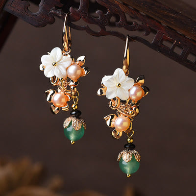 Buddha Stones 14K Gold Plated Tridacna Stone Flower Pearl Green Aventurine Bead Drop Earrings Earrings BS White Tridacna Stone Flower Pearl Green Bead