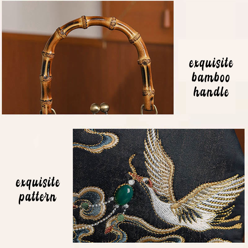 Buddha Stones Auspicious Clouds Cranes Embroidery Bamboo Handle Handbag Crossbody Bag Crossbody Bag&Handbags BS 7