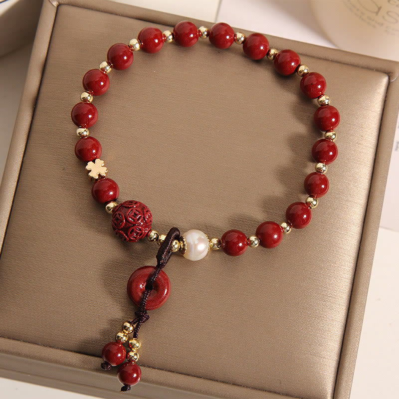 Buddha Stones Natural Cinnabar Peace Buckle Copper Coin Charm Blessing Bracelet Bracelet BS 1