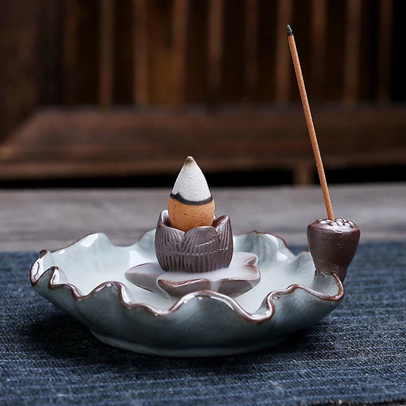 Buddha Stones Lotus Plum Blossom Square Ceramic Spiritual Backflow Incense Burner Incense Burner BS 2