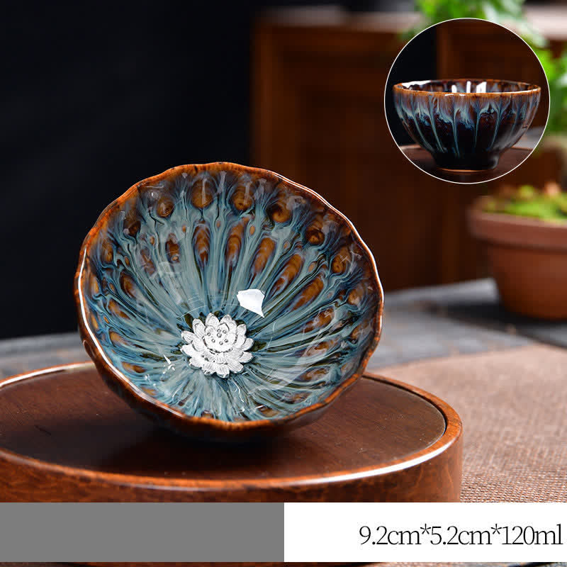 Buddha Stones Lotus Peacock Dragon Phoenix Koi Fish Ceramic Teacup Inlaid Tea Cups 120ml - Silver - Lotus - image 16